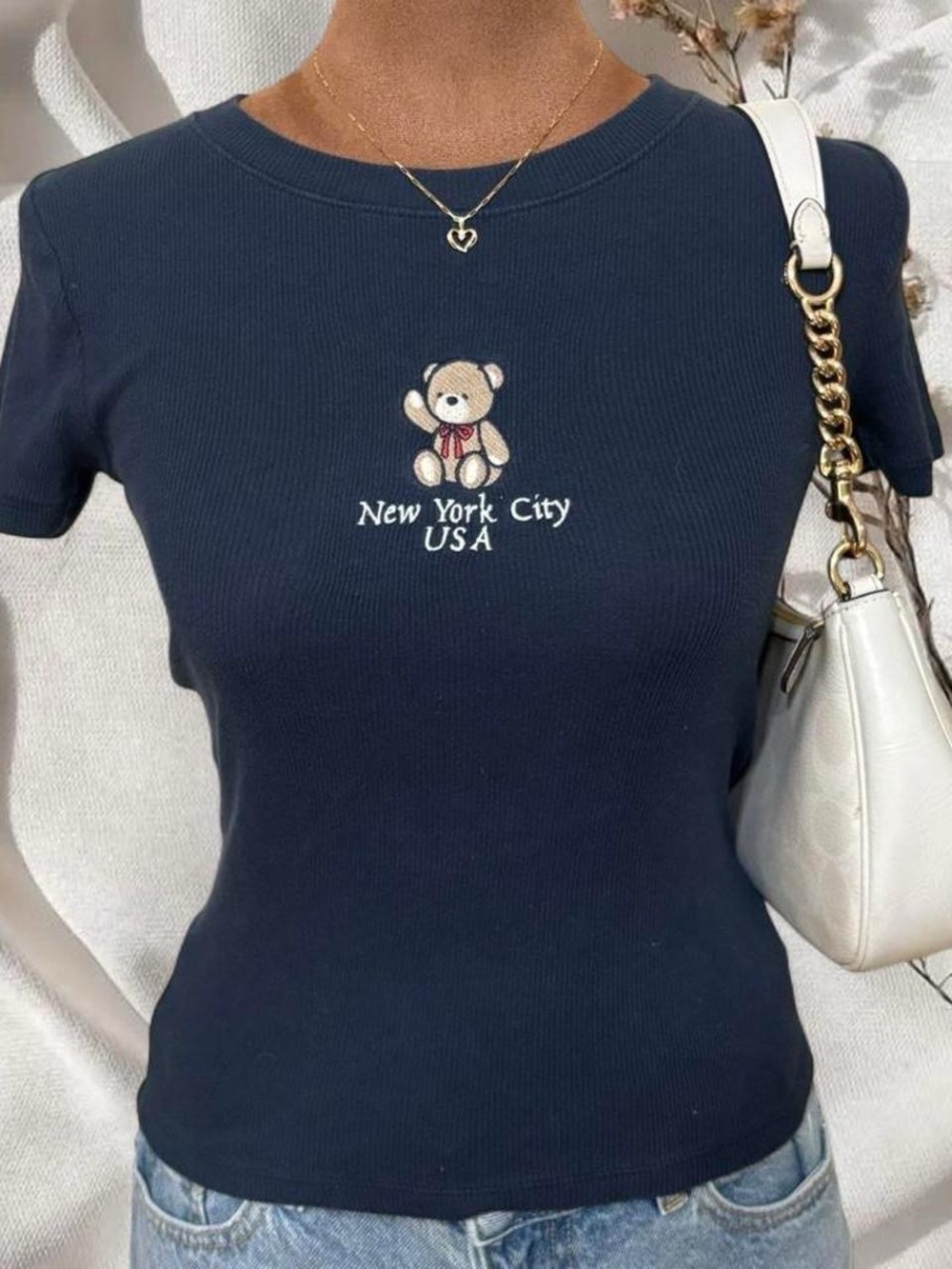 Hollister Ribbed Baby Tee Navy Blue Teddy Bear NYC Graphic Size XS